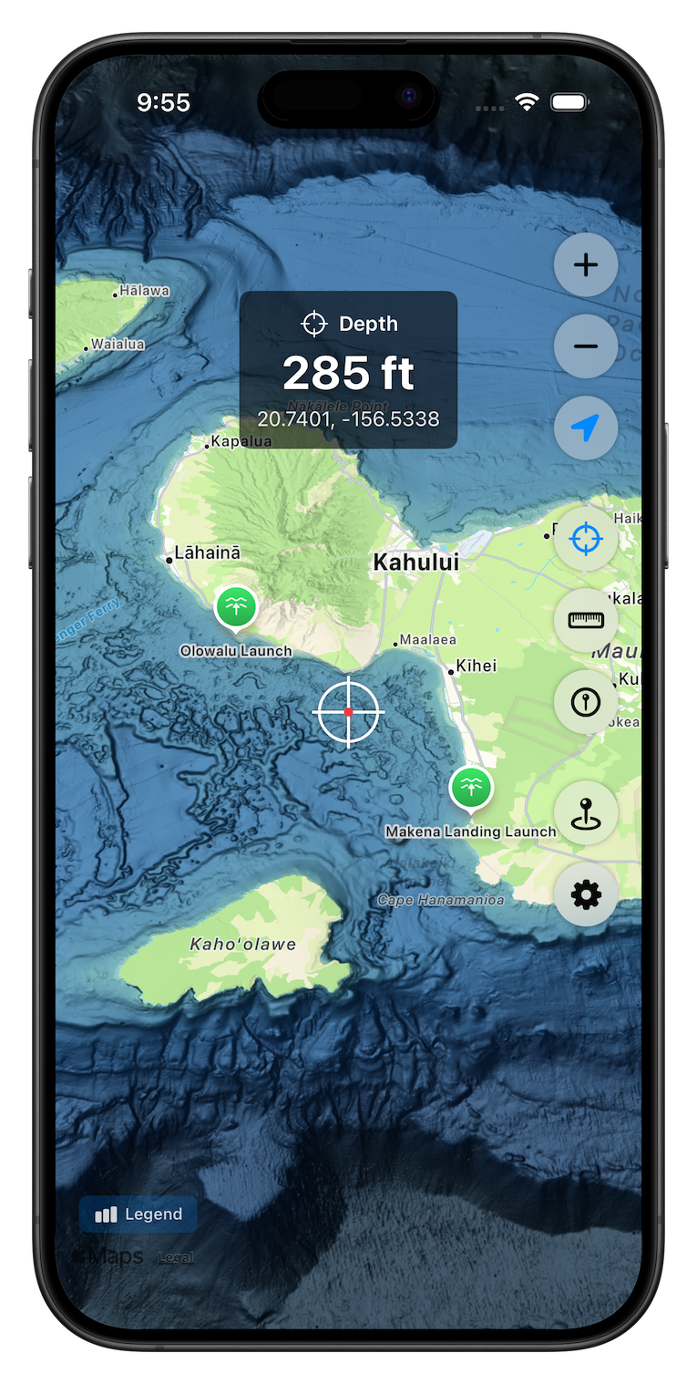 Bathymetry map showing 285 ft depth query with crosshairs at Kahului