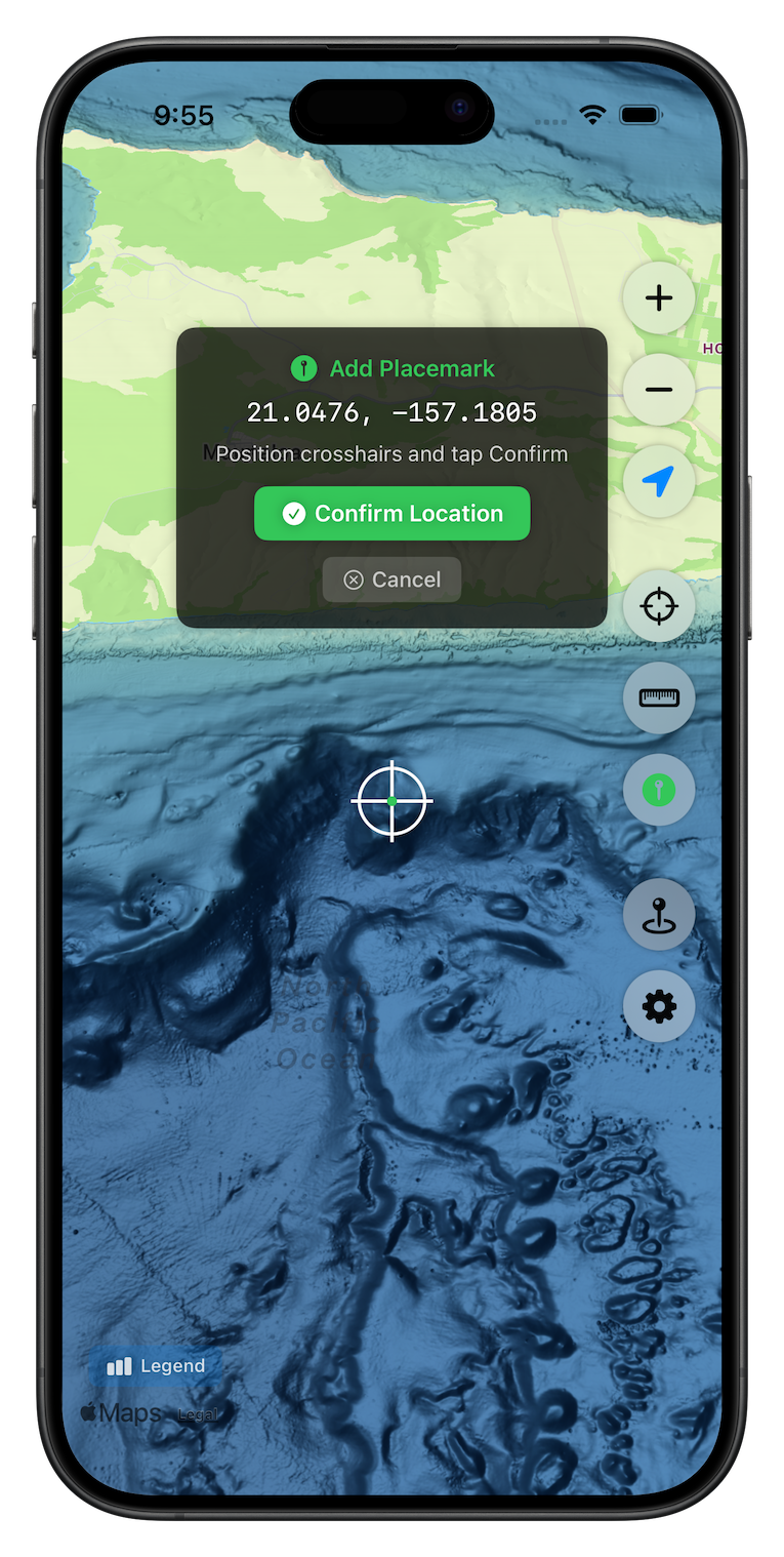 Add placemark dialog with location confirmation over ocean bathymetry