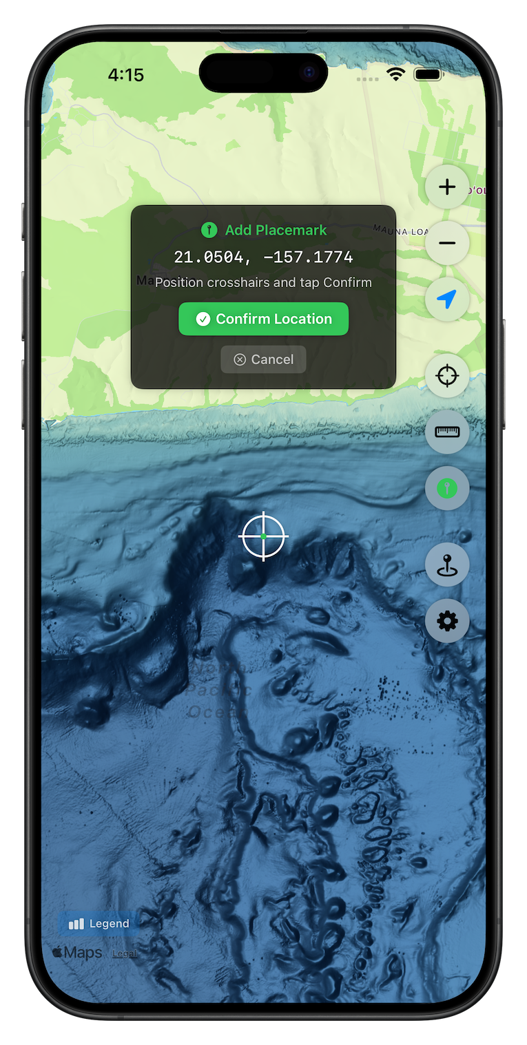 Add placemark dialog with location confirmation over ocean bathymetry