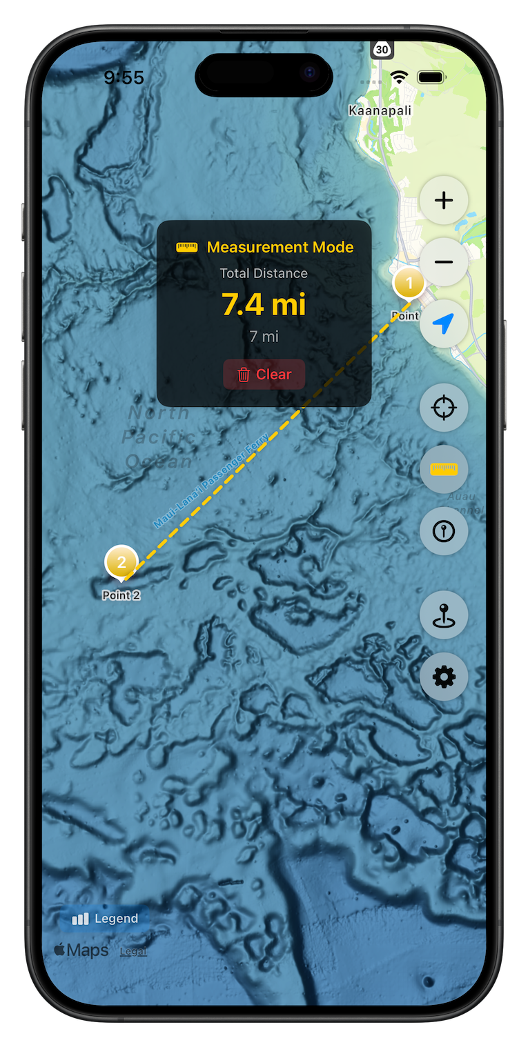 Distance measurement showing 7.4 miles between two ocean points