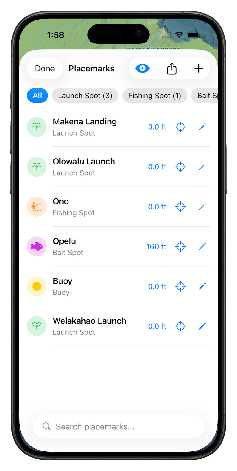 Placemarks manager showing categorized fishing and launch spots