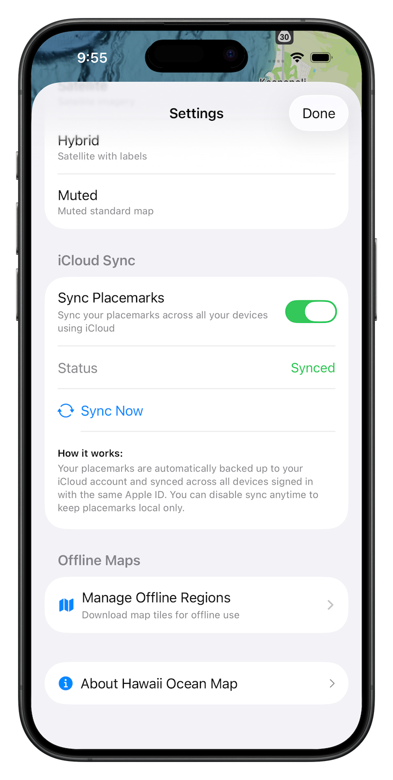 Settings screen with iCloud sync and offline maps options