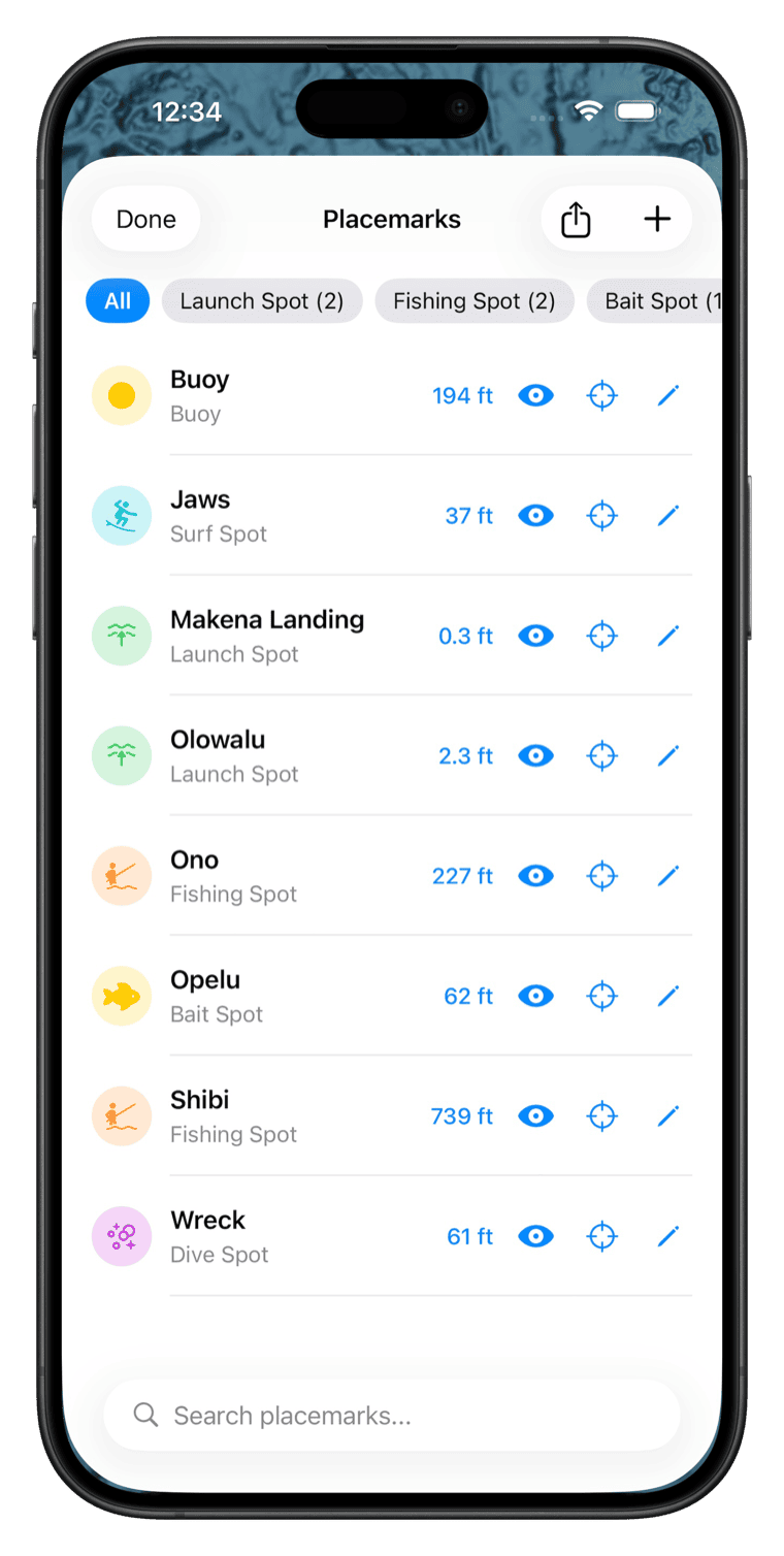 Placemarks list with categories and depths