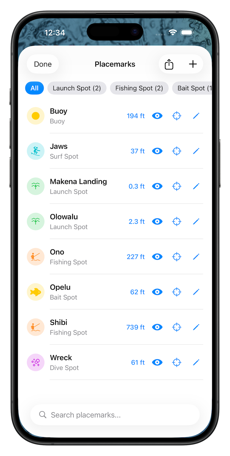 Placemarks manager showing categorized fishing and launch spots