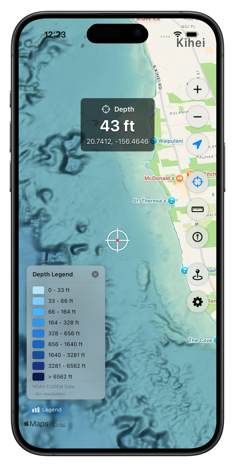 High-resolution nearshore bathymetry showing detailed underwater features near Kihei