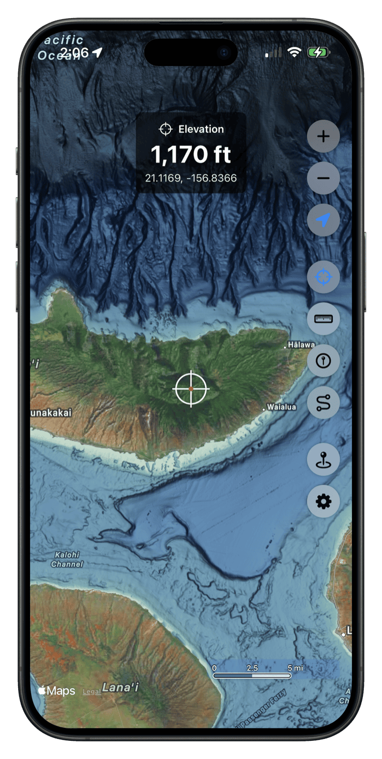 Land elevation showing 1,170 ft on Molokai