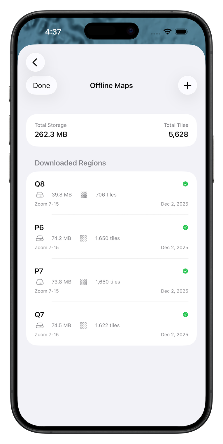 Offline maps overview showing downloaded regions