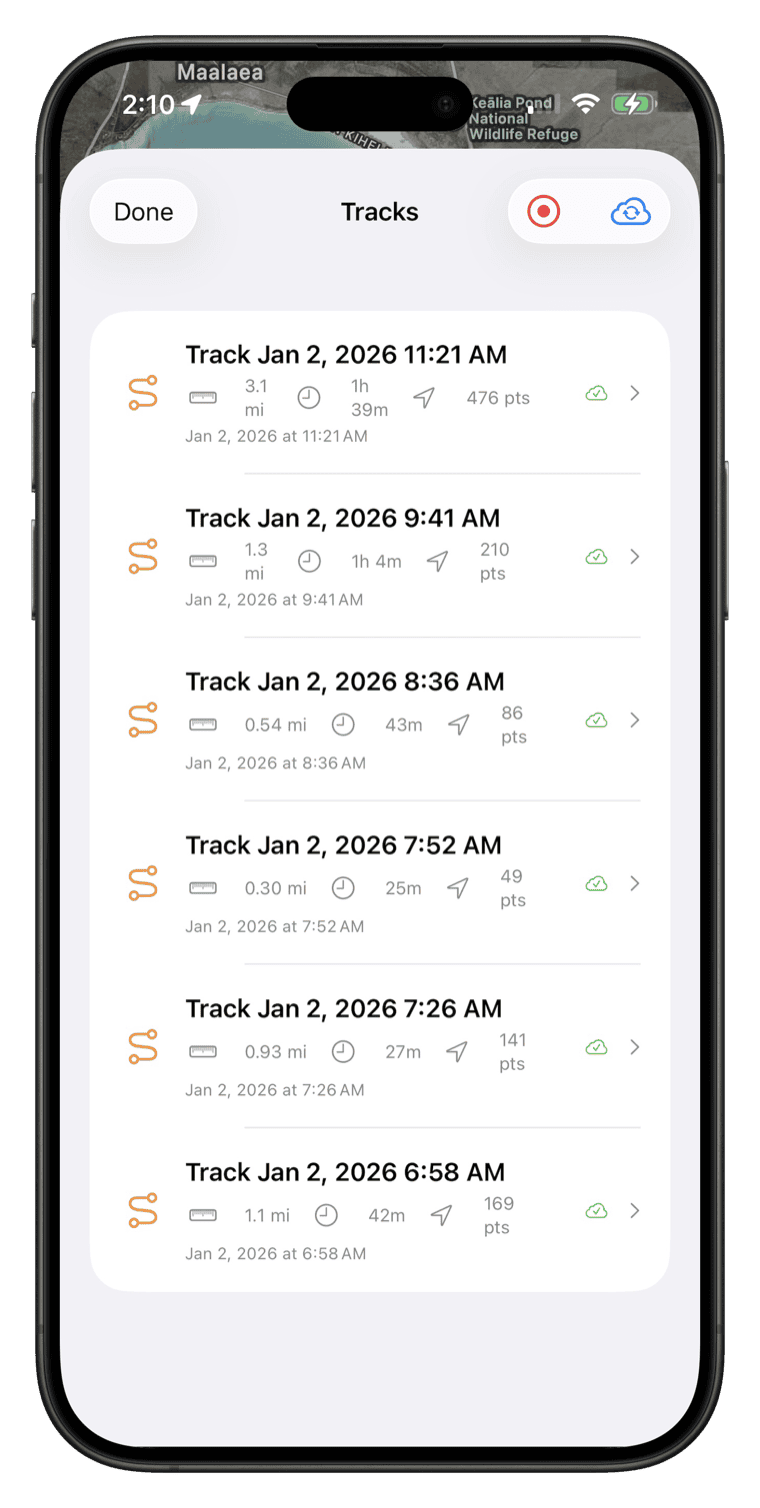 Tracks list showing recorded routes