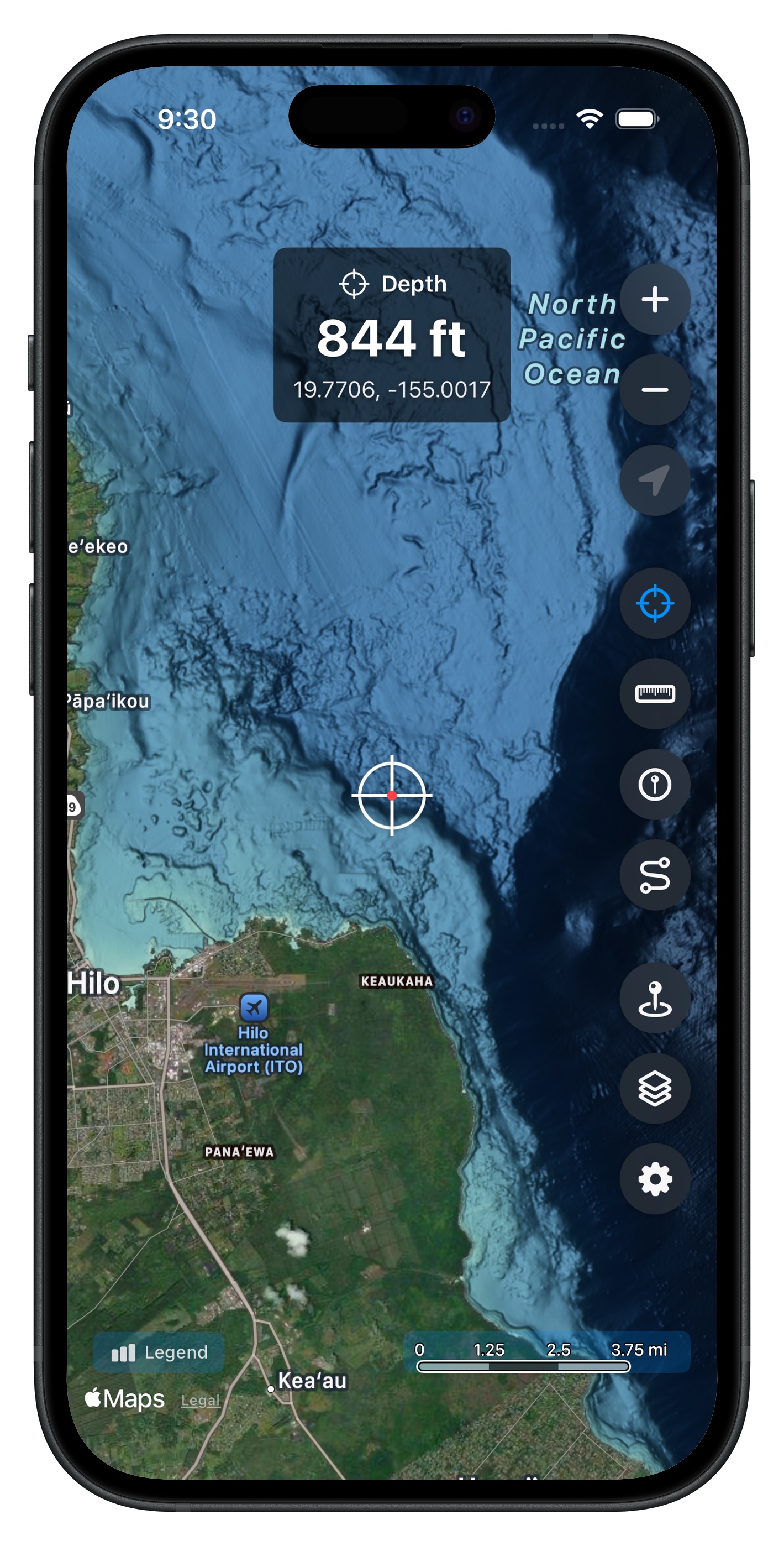 Depth query showing 844 ft off the Big Island