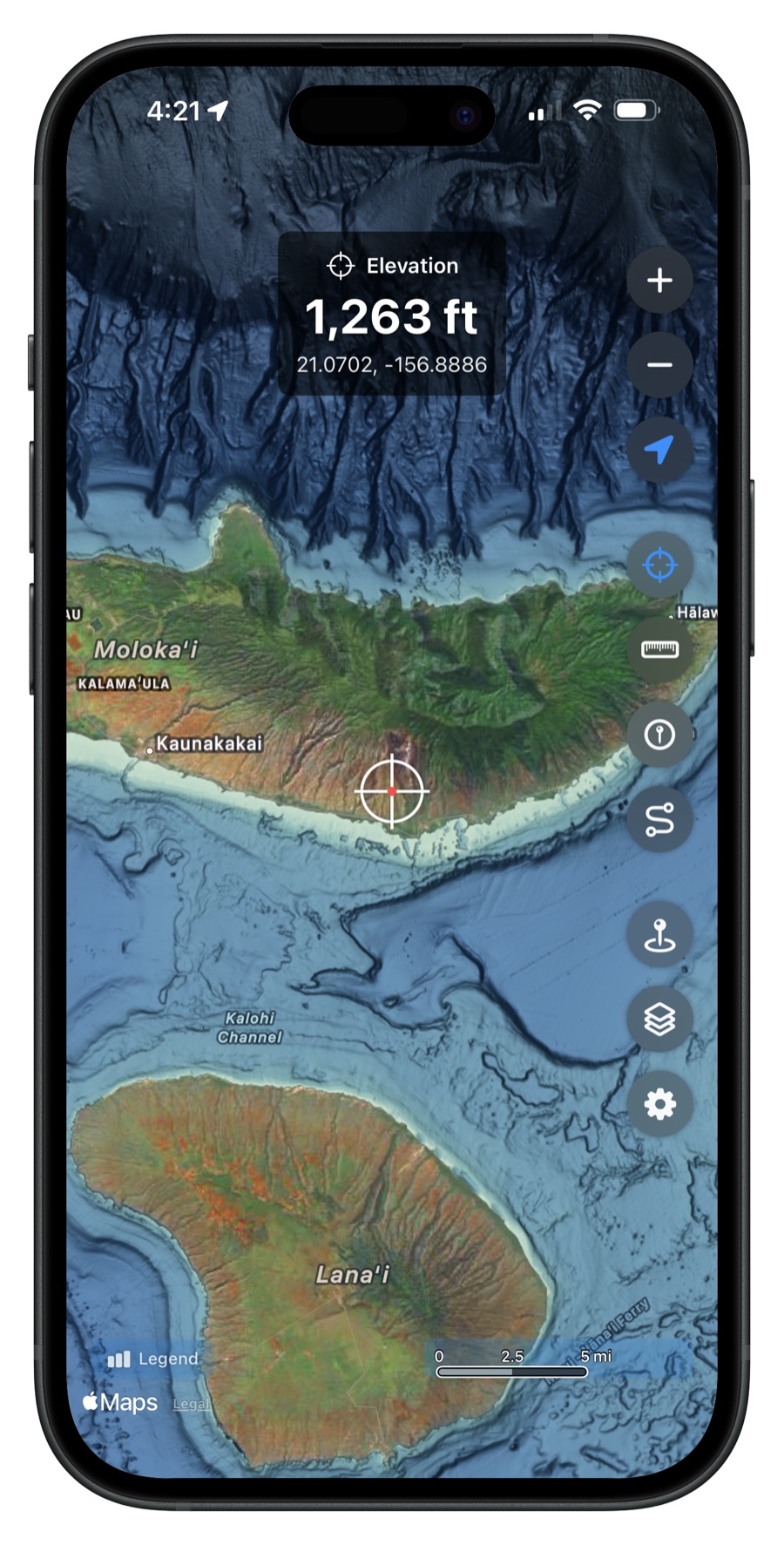 Land elevation at 3,874 ft on Molokai