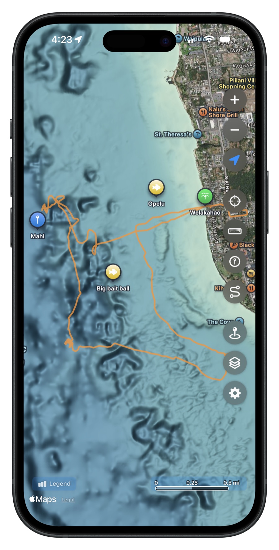 GPS track recorded along the coast with placemarks