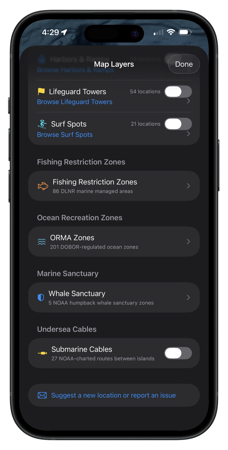 Map Layers page with toggleable ocean overlays