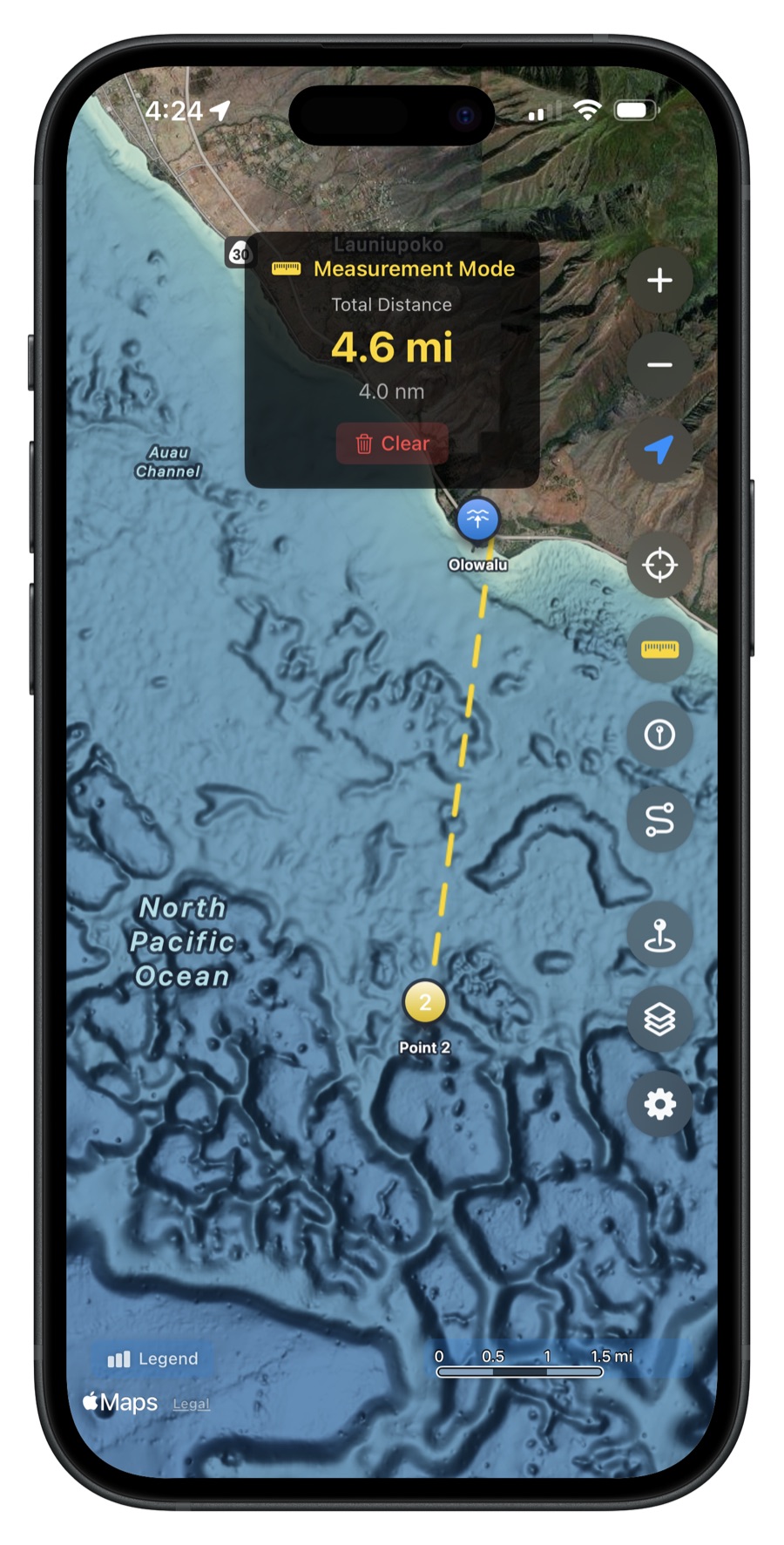 Measurement mode showing 4.5 mile distance
