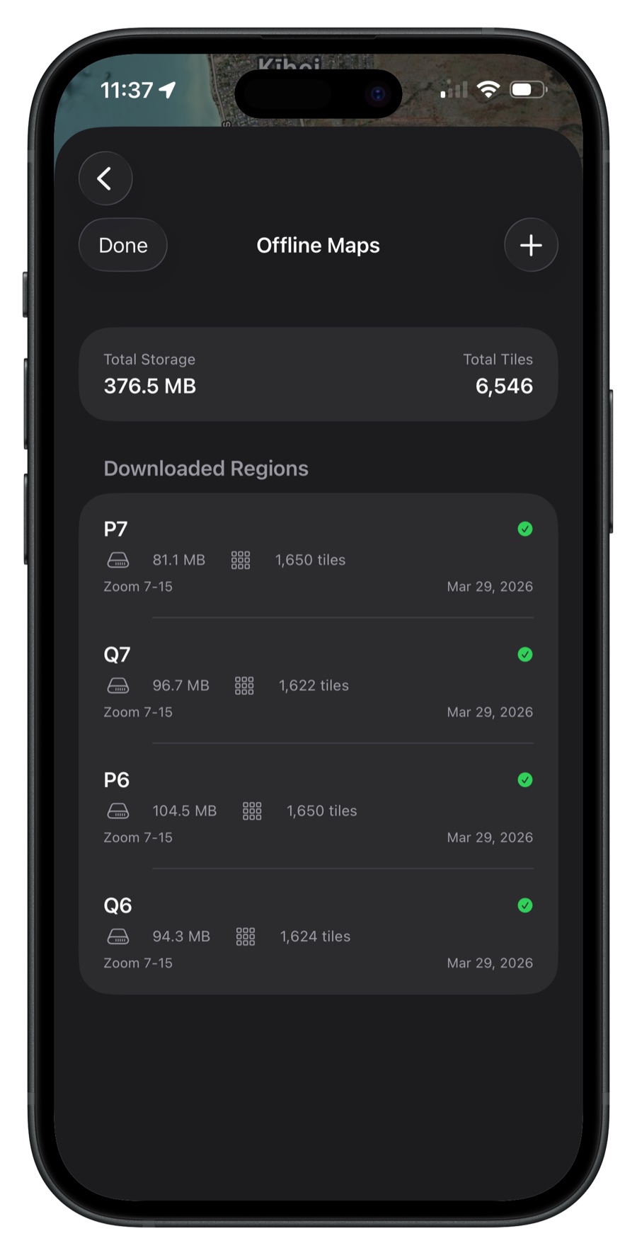 Downloaded offline map regions with storage details