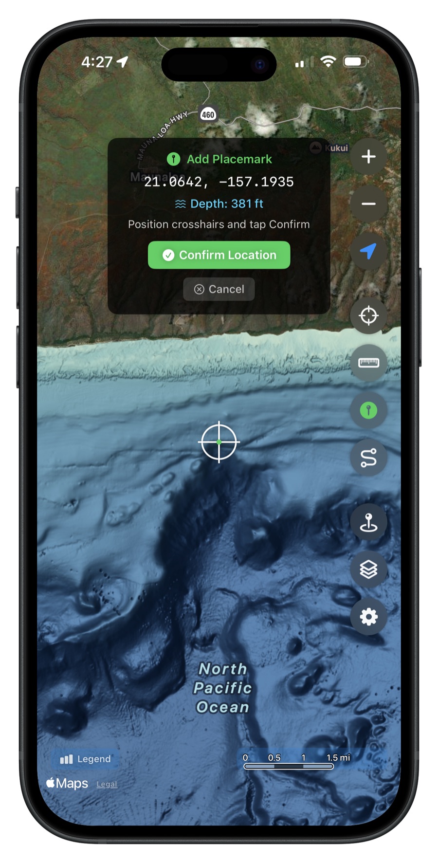 Add placemark with depth at 583 ft
