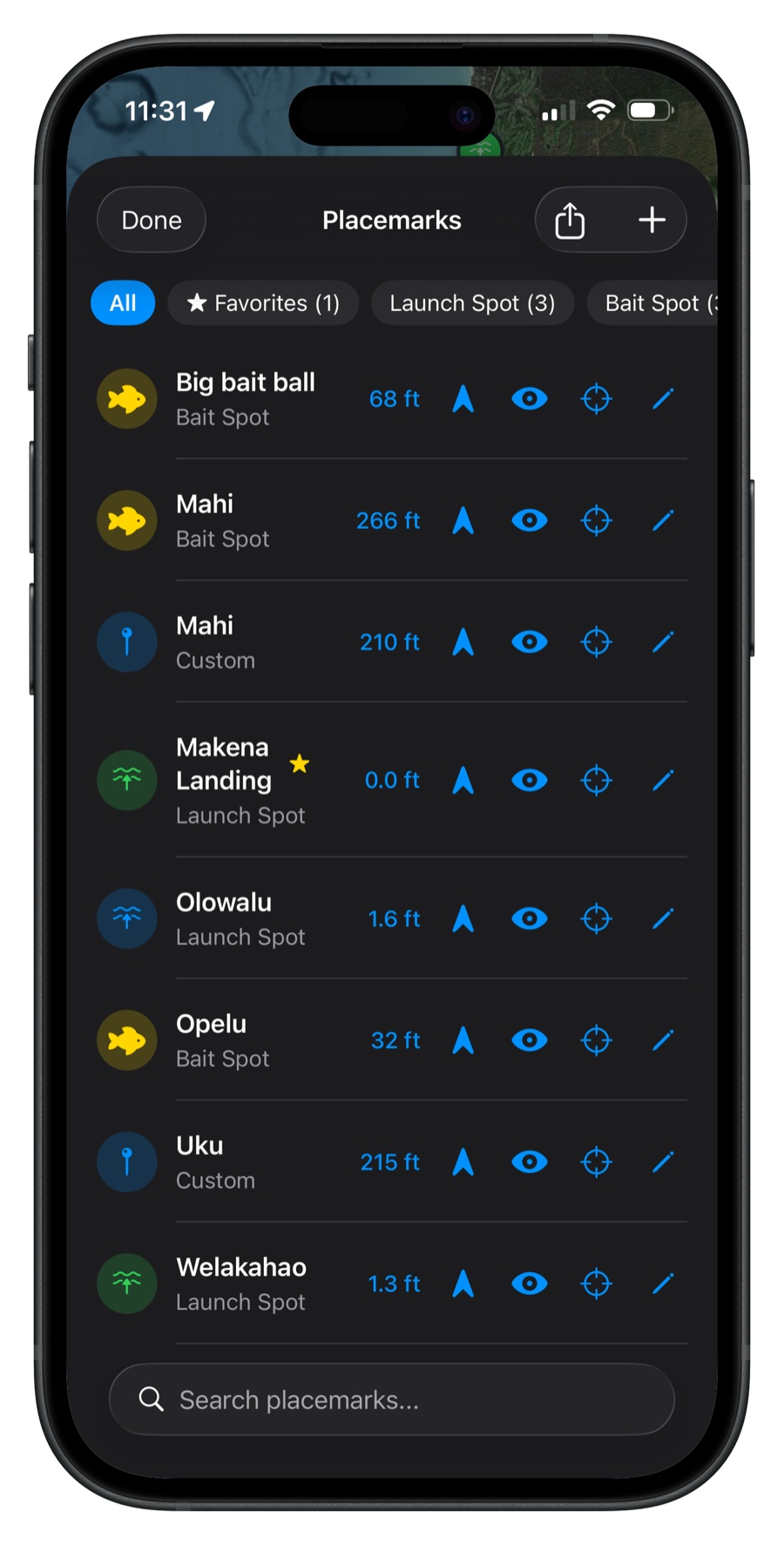 Placemarks list with categories and depths