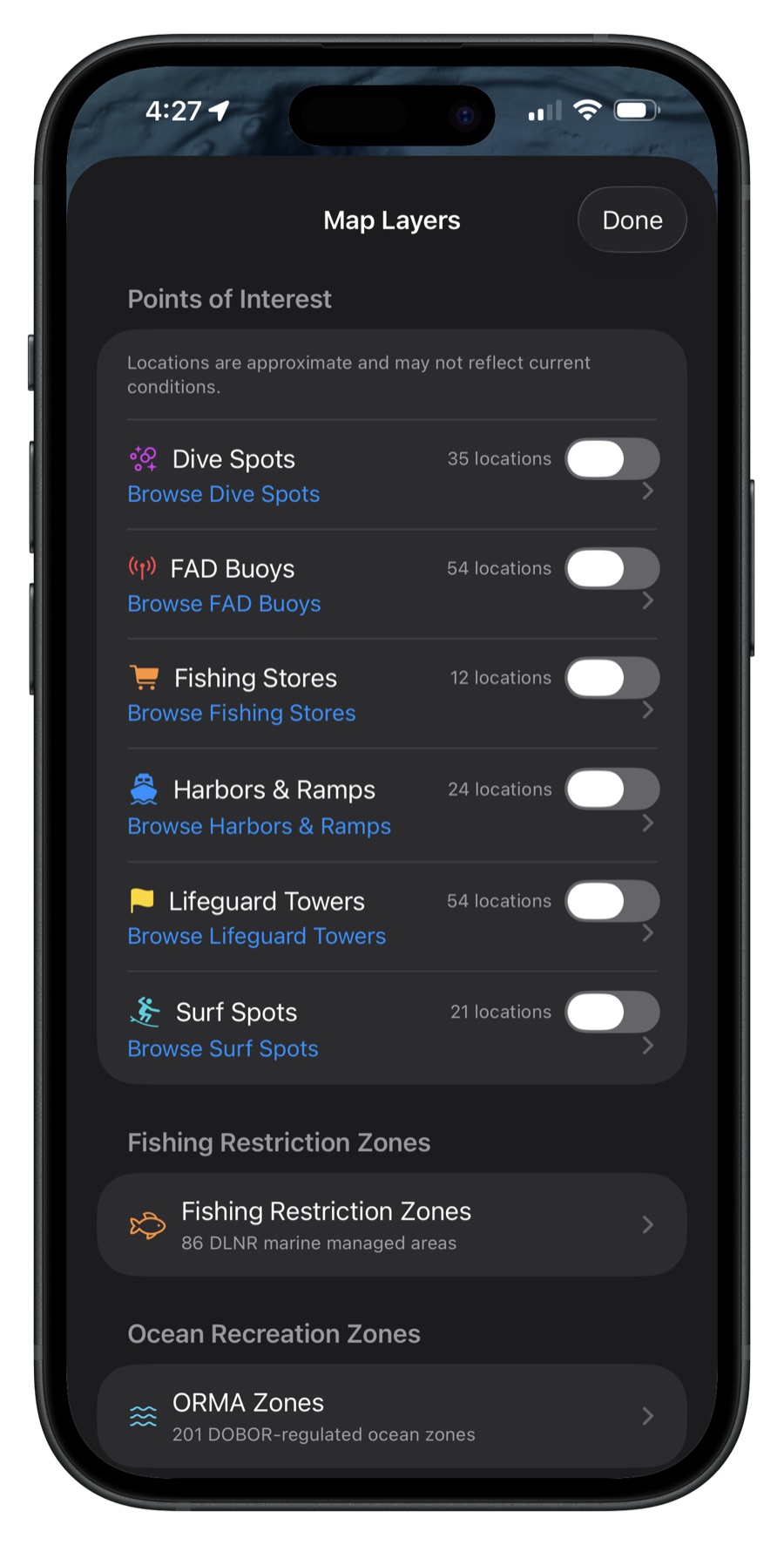 Points of Interest with FAD buoys, fishing stores, harbors, and surf spots