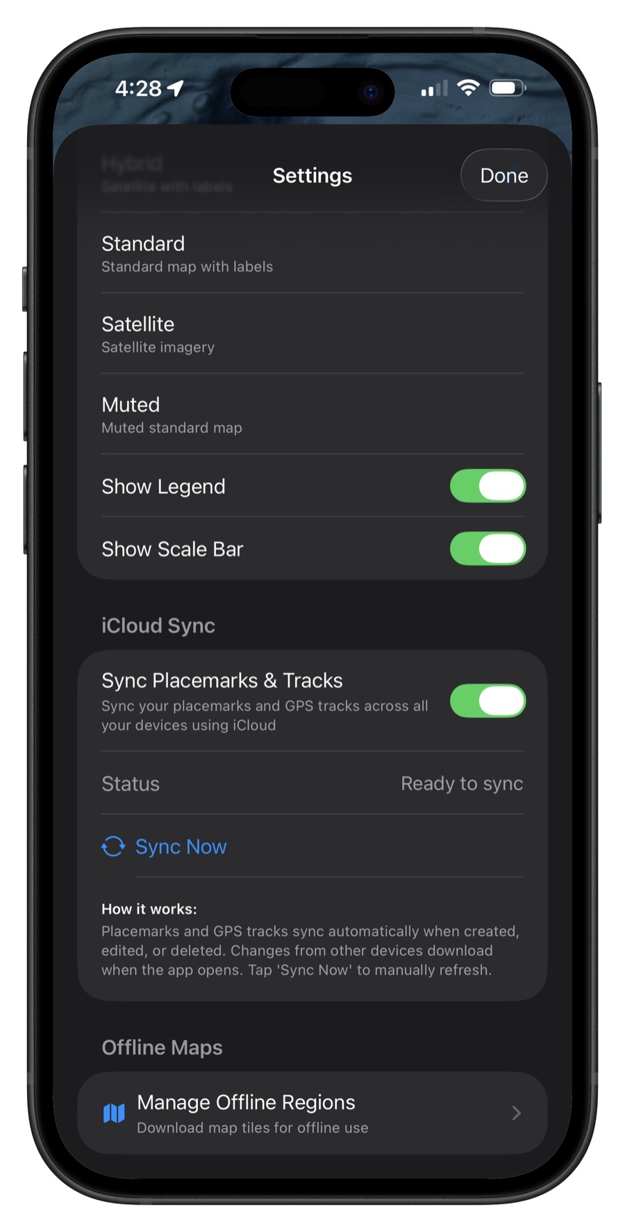 Settings screen with iCloud sync and fishing zones