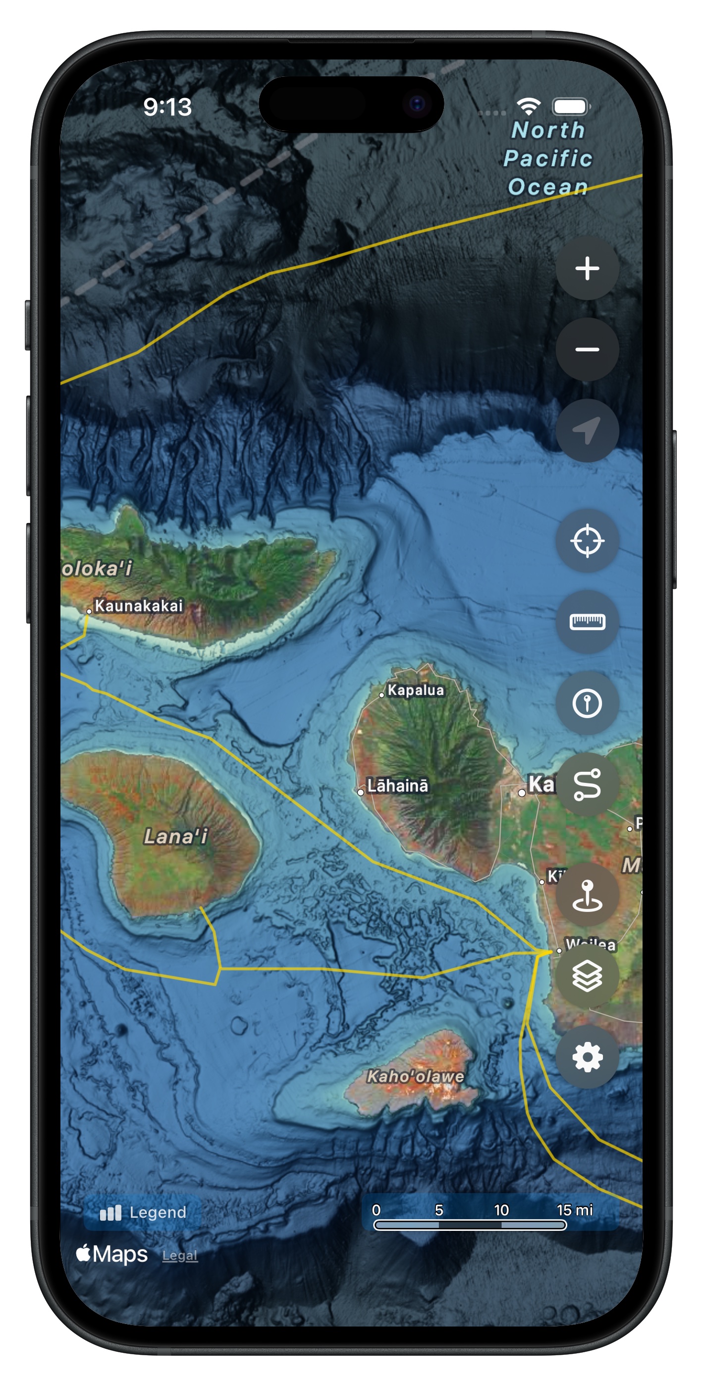 Submarine cable routes shown on the map around Maui and Lanai